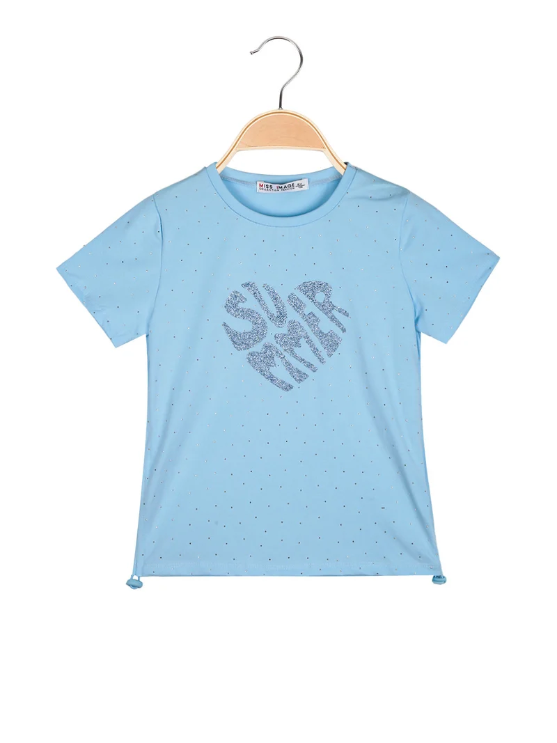 T-shirt da bambina con strass e scritta glitter - azzurro