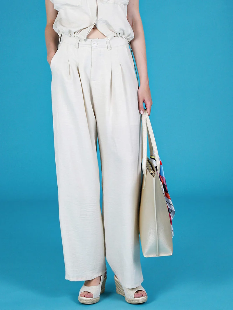 Pantaloni donna in misto lino a gamba larga - beige