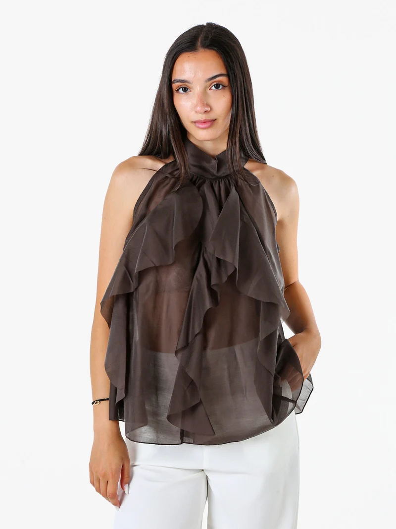 Top donna con volant e allacciatura al collo - grigio scuro