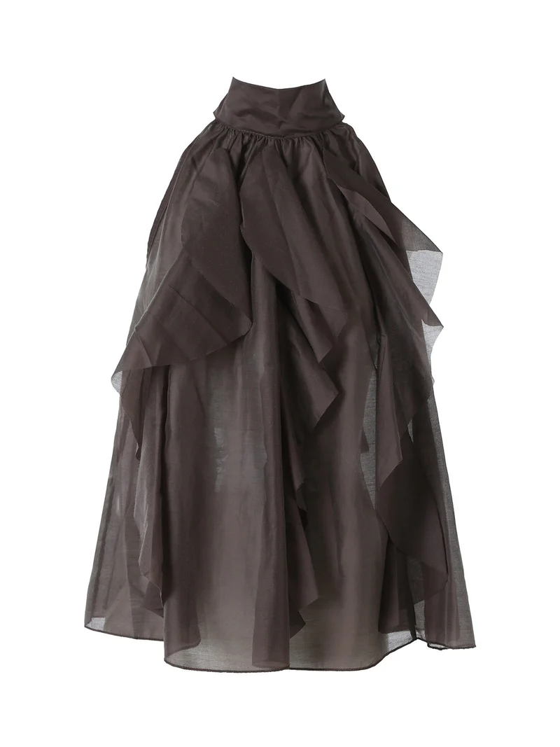 Top donna con volant e allacciatura al collo - grigio scuro