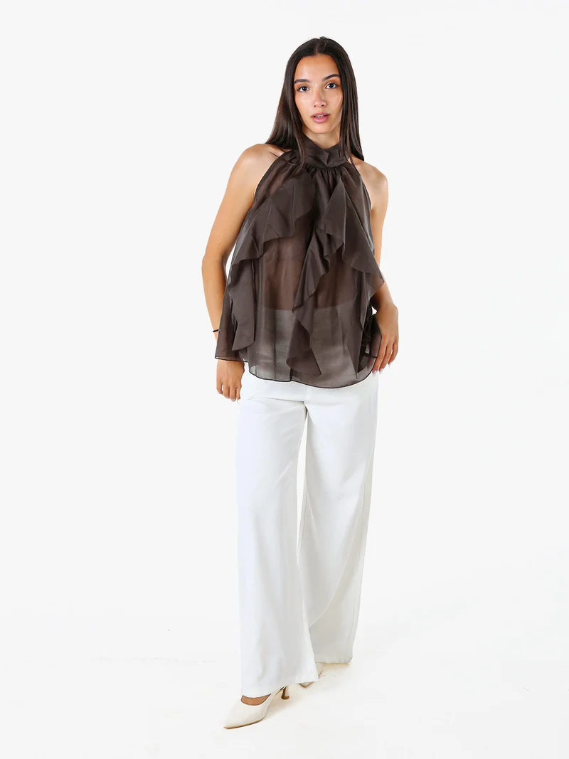 Top donna con volant e allacciatura al collo - grigio scuro