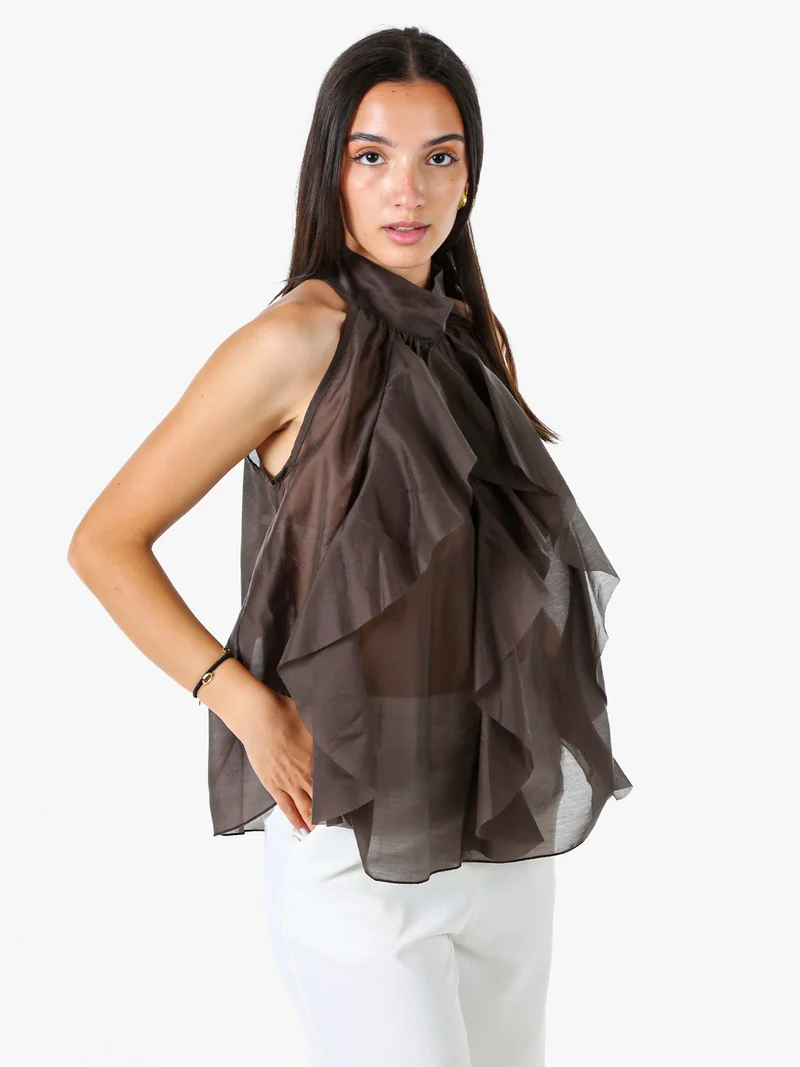 Top donna con volant e allacciatura al collo - grigio scuro