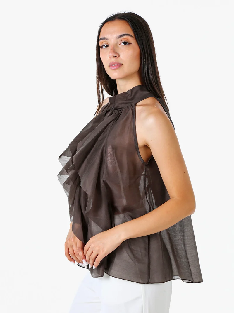 Top donna con volant e allacciatura al collo - grigio scuro