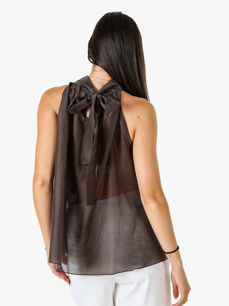 Top donna con volant e allacciatura al collo - grigio scuro