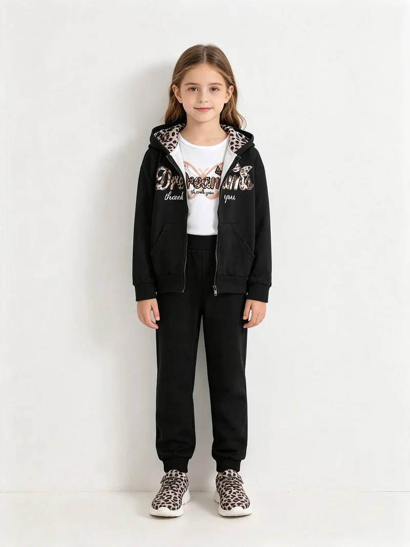 Completo tuta 3 pezzi da bambina con cappuccio e zip - nero