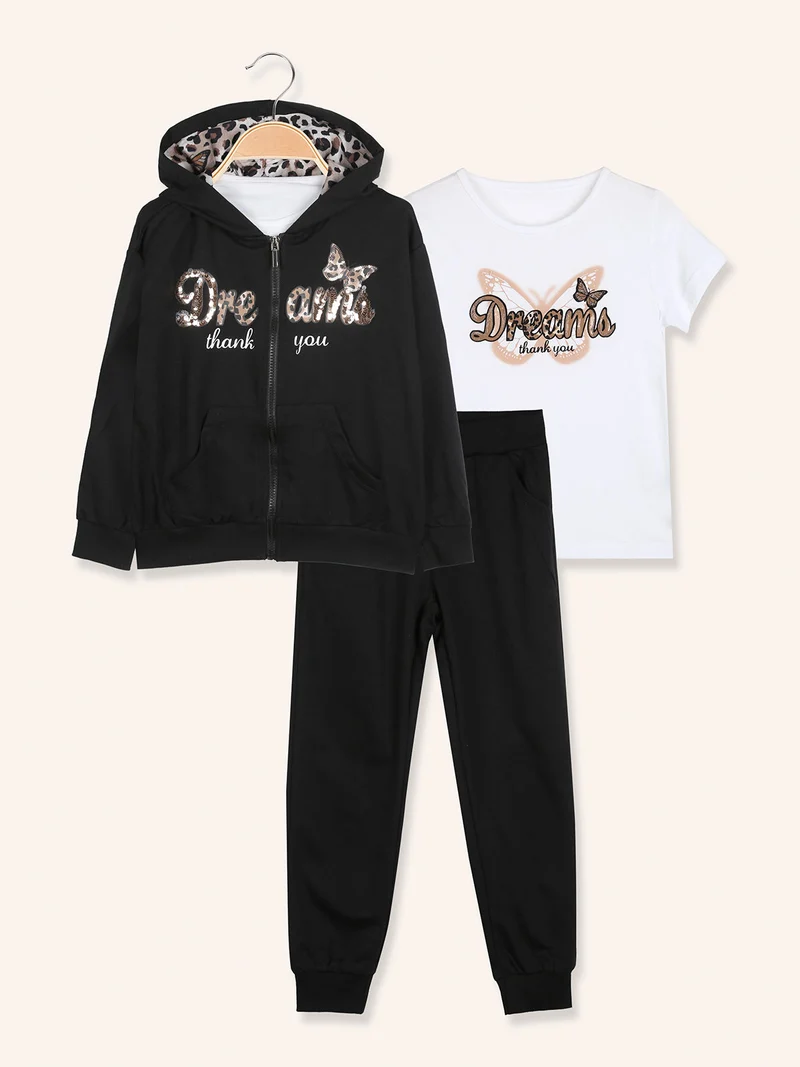 Completo tuta 3 pezzi da bambina con cappuccio e zip - nero