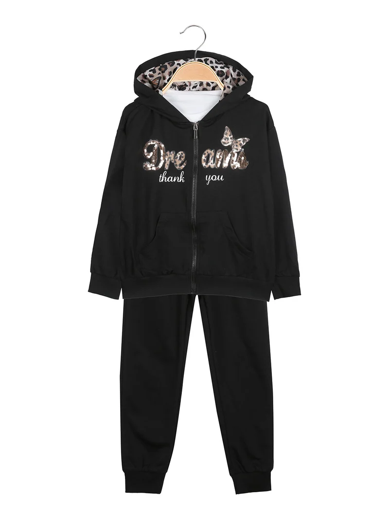 Completo tuta 3 pezzi da bambina con cappuccio e zip - nero