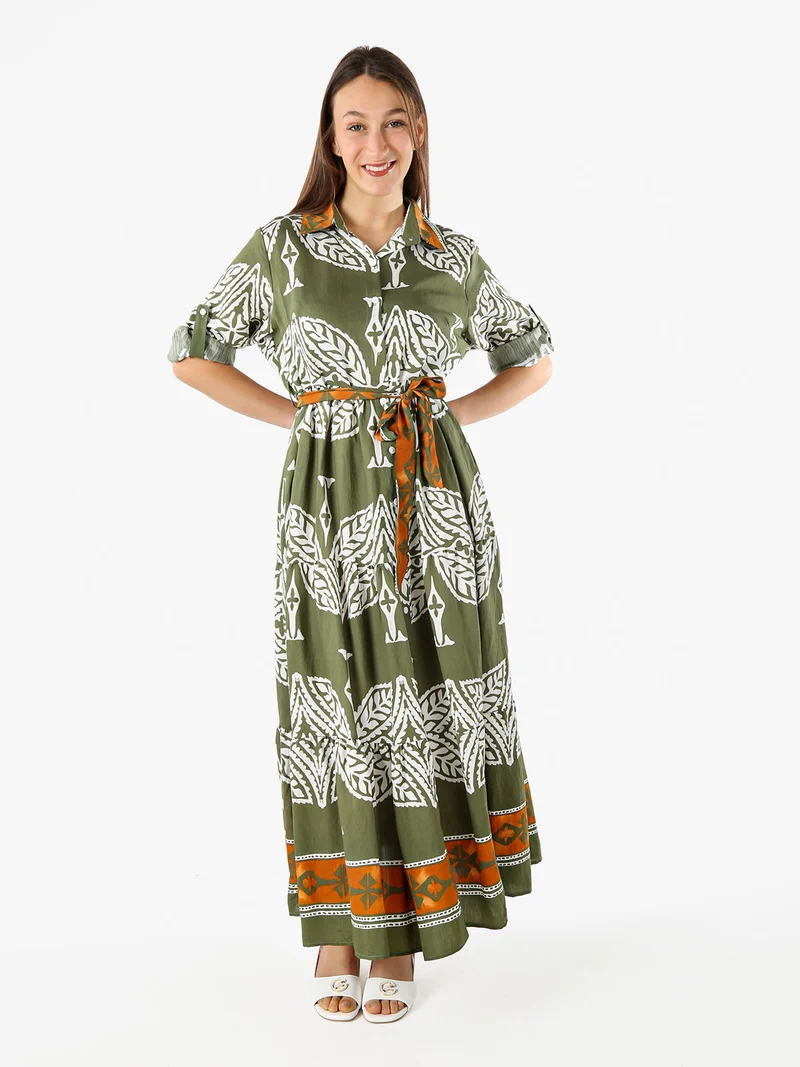 Abito lungo da donna a camicia con stampe - verde