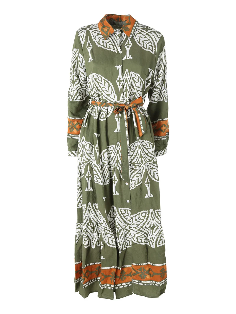Abito lungo da donna a camicia con stampe - verde
