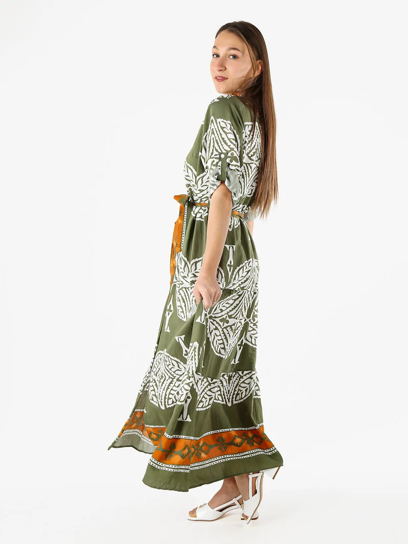 Abito lungo da donna a camicia con stampe - verde