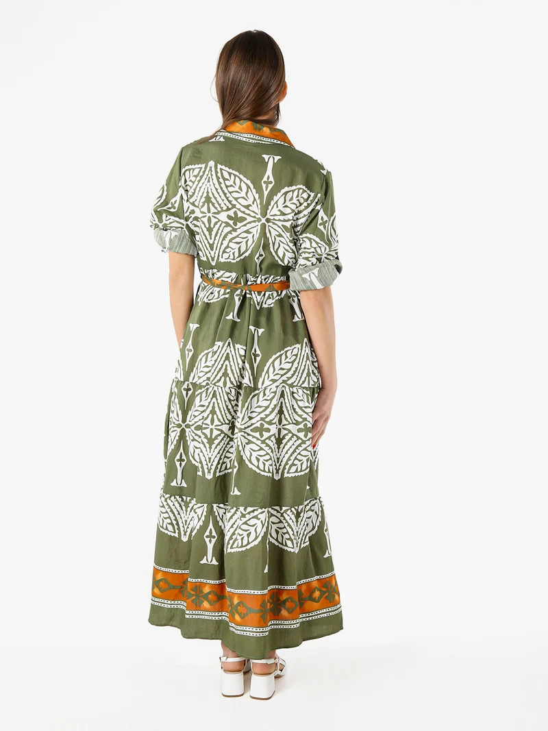 Abito lungo da donna a camicia con stampe - verde