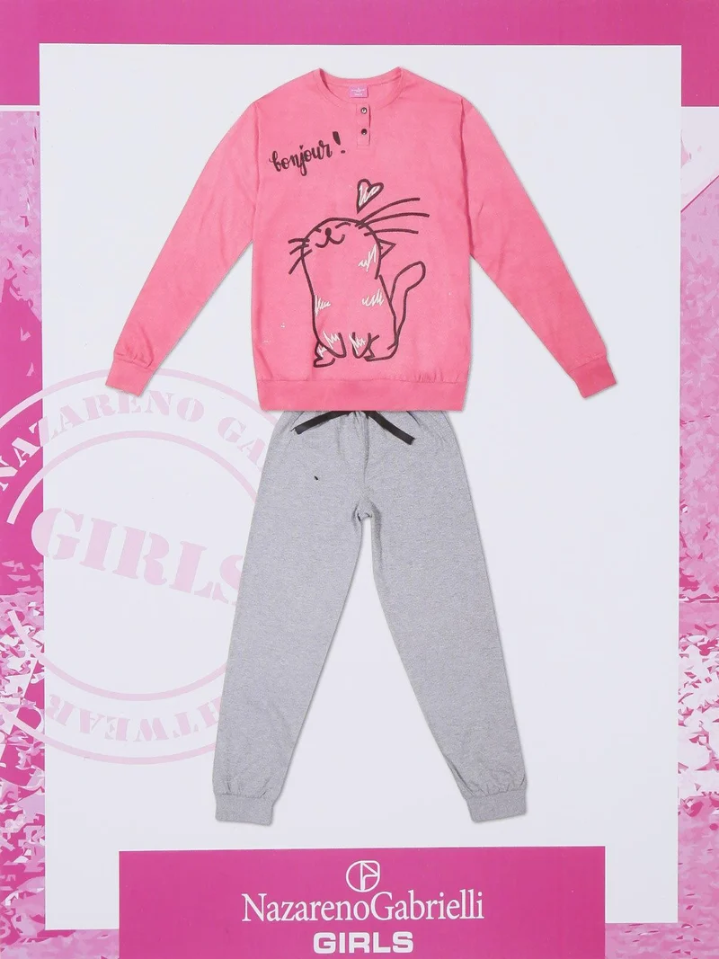 Pigiama ragazza lungo in cotone - fucsia