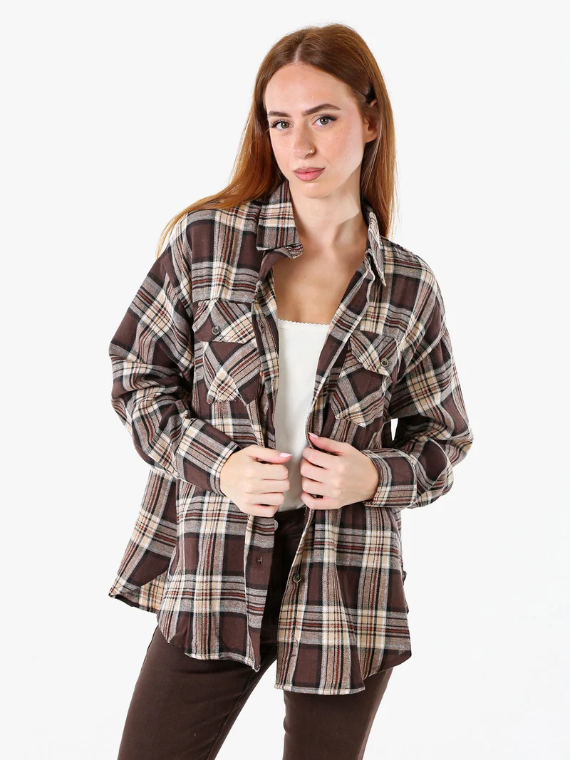 Camicia da donna a maniche lunghe con stampa a quadri - marrone