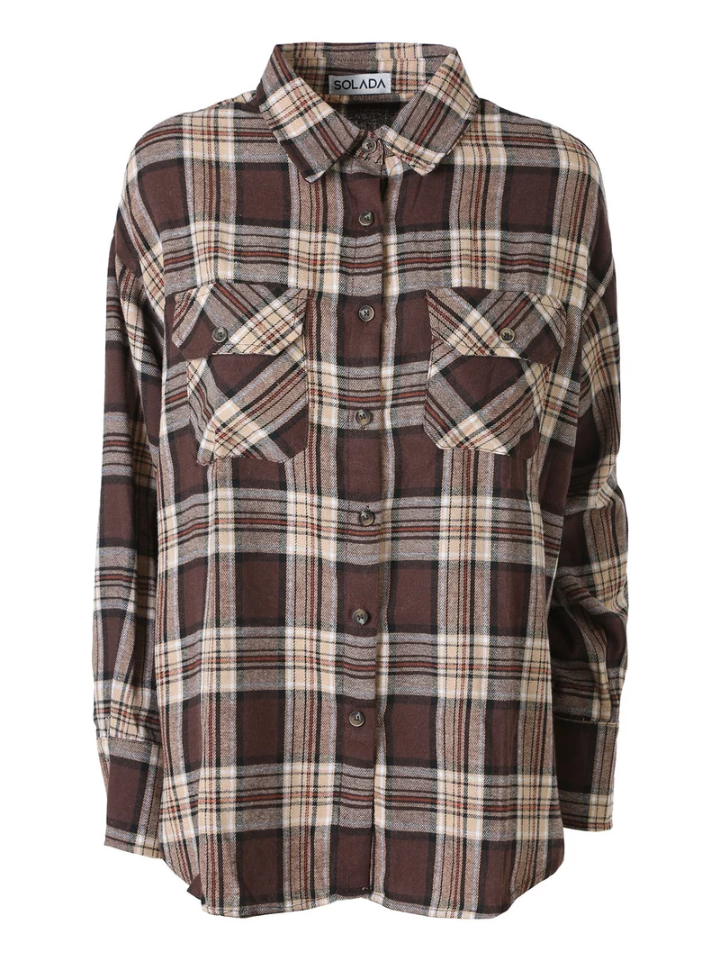 Camicia da donna a maniche lunghe con stampa a quadri - marrone