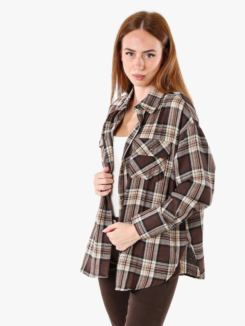 Camicia da donna a maniche lunghe con stampa a quadri - marrone