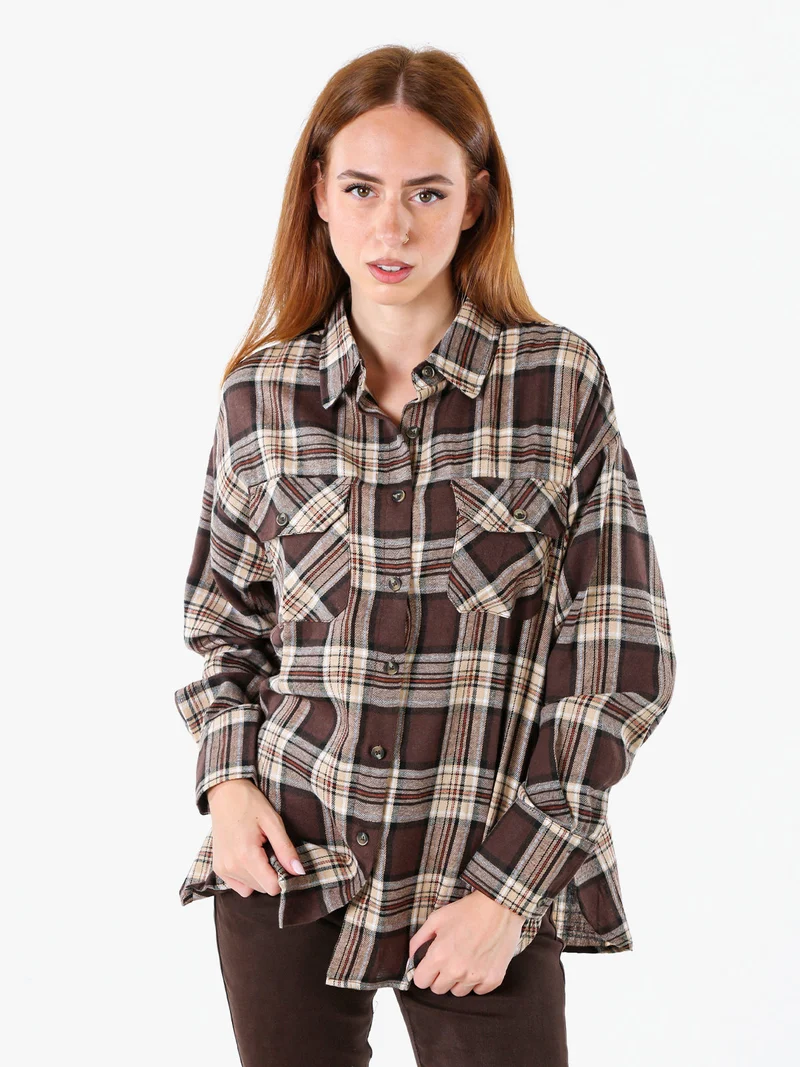 Camicia da donna a maniche lunghe con stampa a quadri - marrone