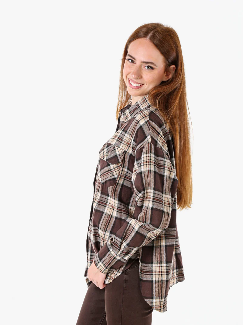 Camicia da donna a maniche lunghe con stampa a quadri - marrone