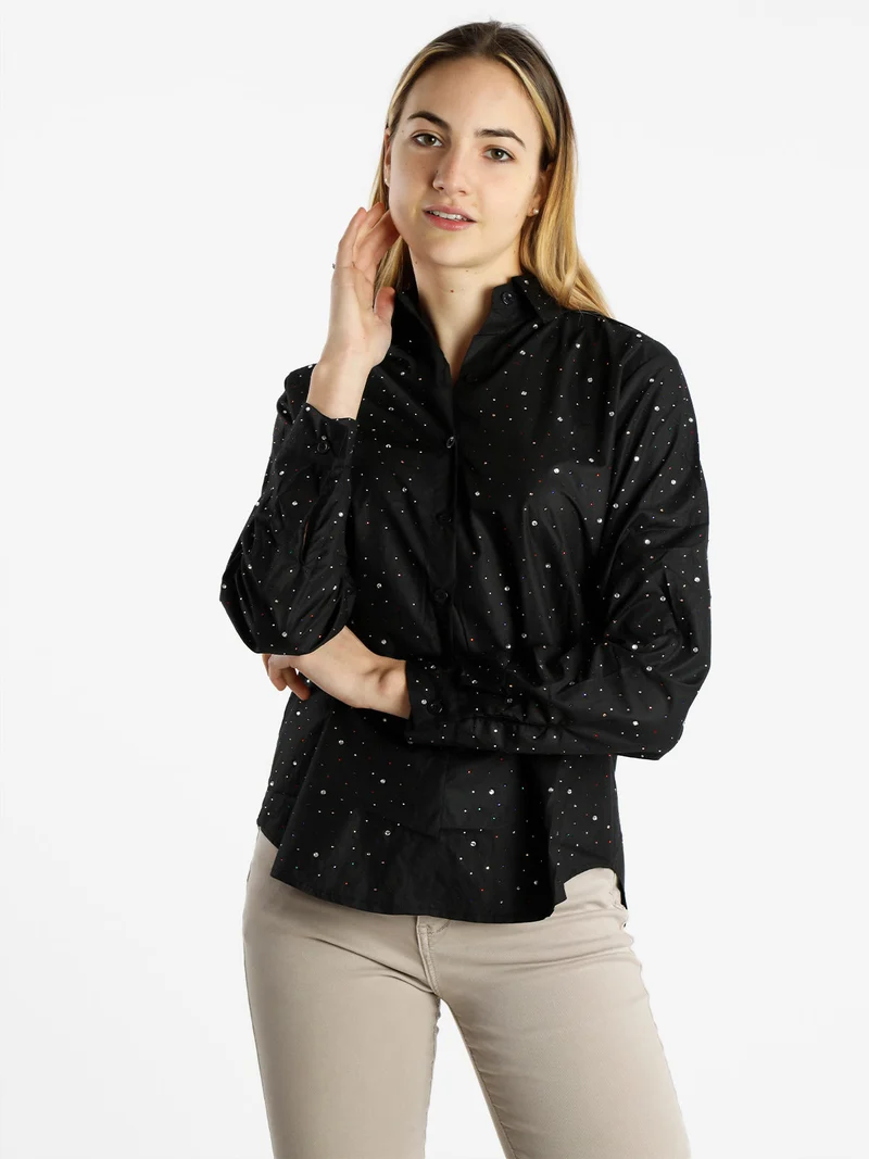 Camicia donna a maniche lunghe con strass colorati - nero