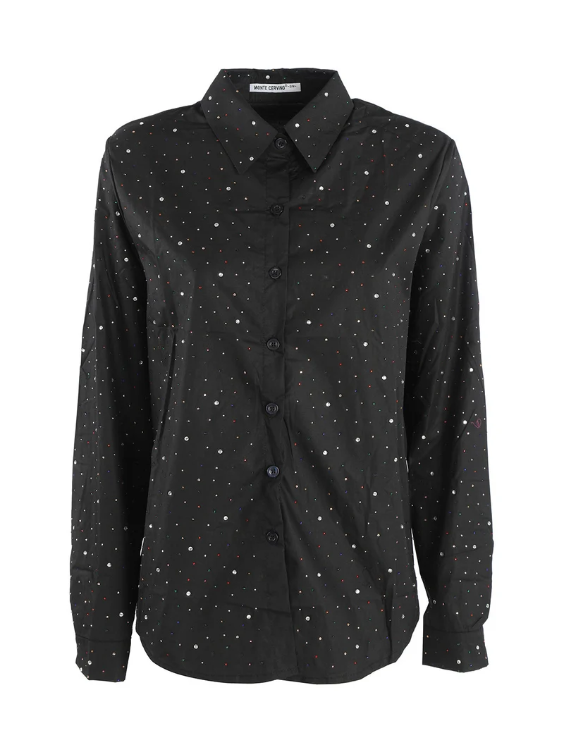 Camicia donna a maniche lunghe con strass colorati - nero