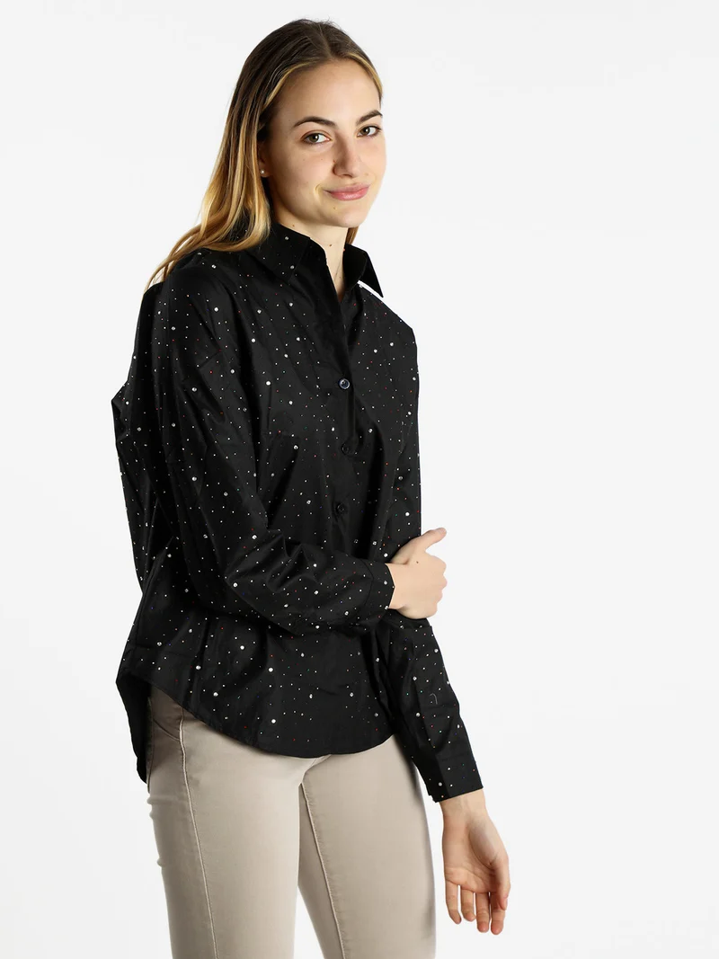 Camicia donna a maniche lunghe con strass colorati - nero