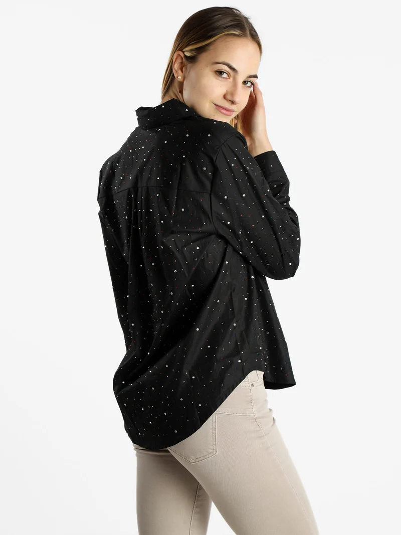 Camicia donna a maniche lunghe con strass colorati - nero