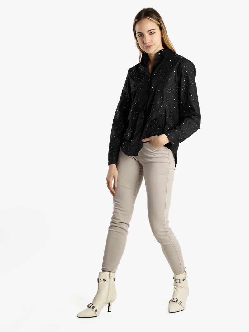 Camicia donna a maniche lunghe con strass colorati - nero