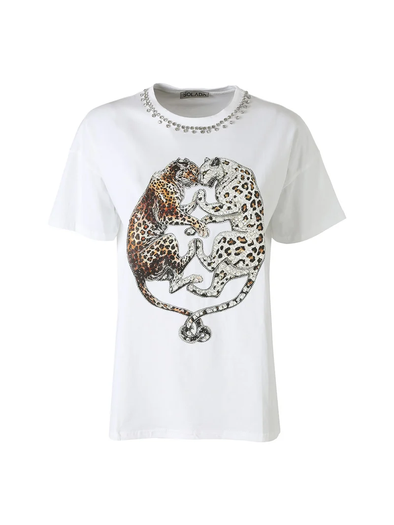 T-shirt donna gioiello con strass e stampa disegno animali - argento