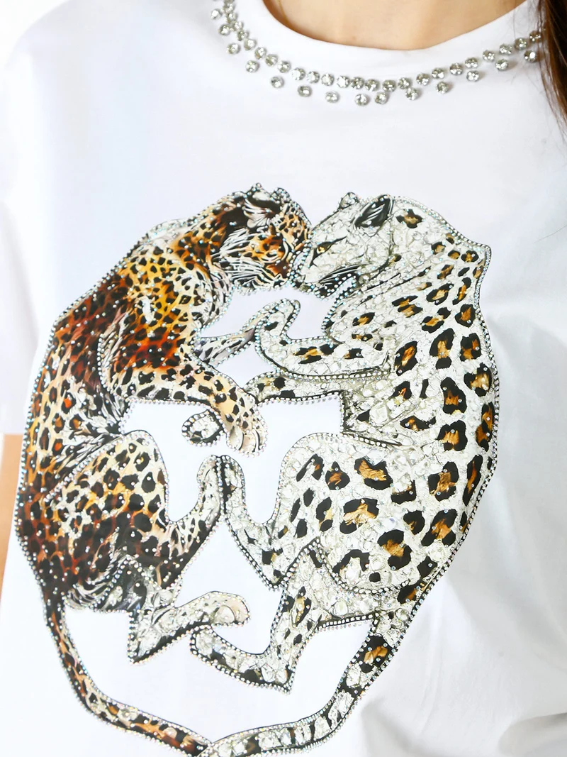 T-shirt donna gioiello con strass e stampa disegno animali - argento