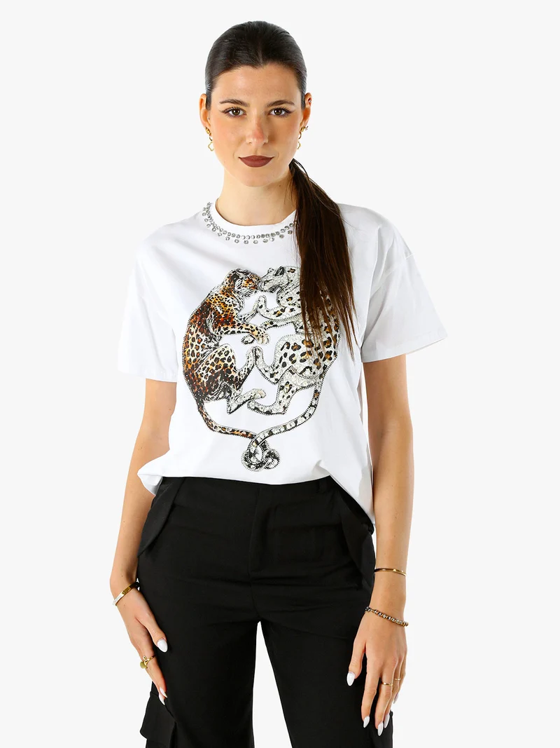 T-shirt donna gioiello con strass e stampa disegno animali - argento