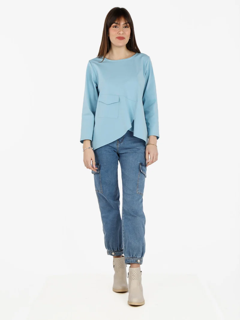 T-shirt donna oversize con taschino - azzurro