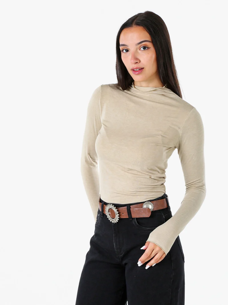 Maglia donna accollata a maniche lunghe - khaki