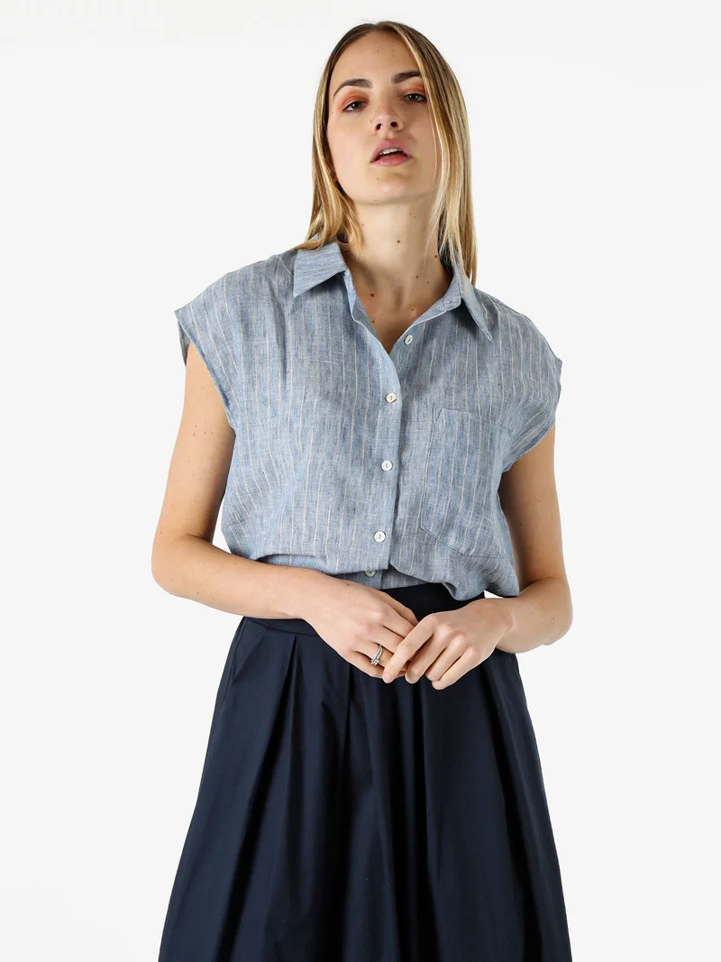 Camicia donna in misto lino e cotone senza maniche a righe verticali - azzurro
