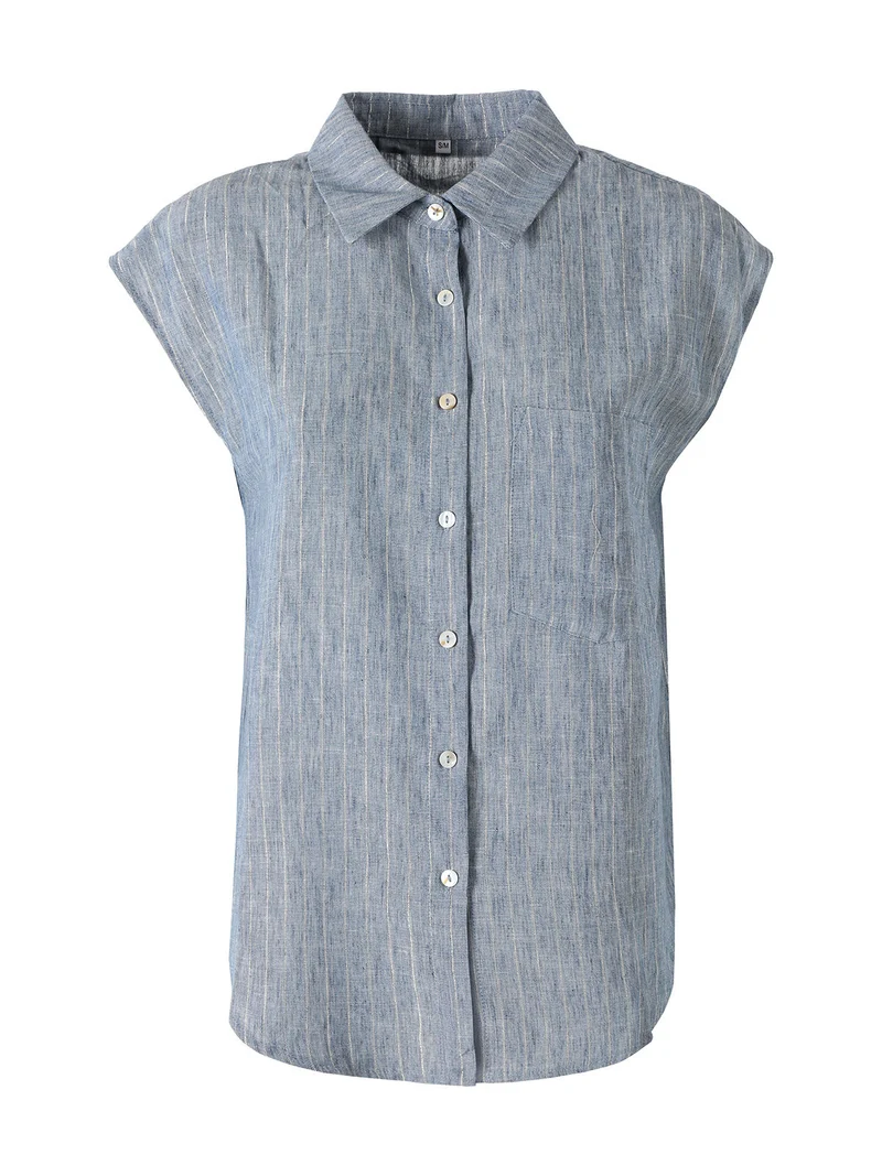 Camicia donna in misto lino e cotone senza maniche a righe verticali - azzurro