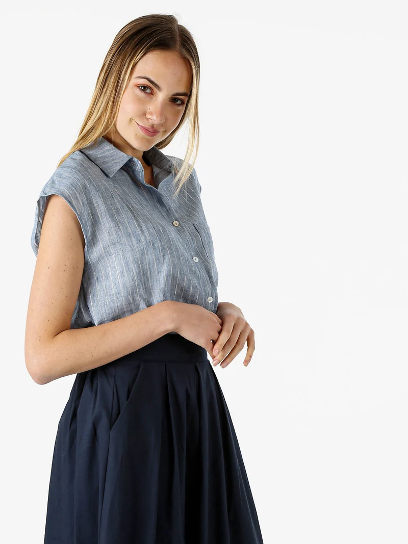 Camicia donna in misto lino e cotone senza maniche a righe verticali - azzurro