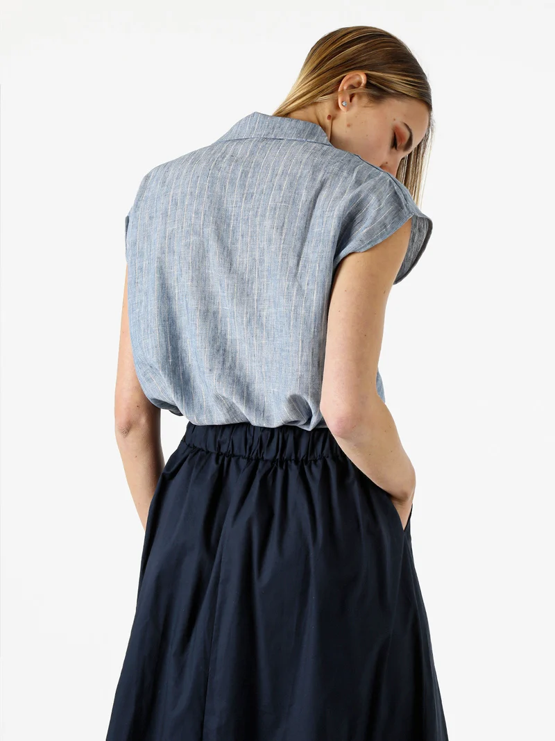 Camicia donna in misto lino e cotone senza maniche a righe verticali - azzurro