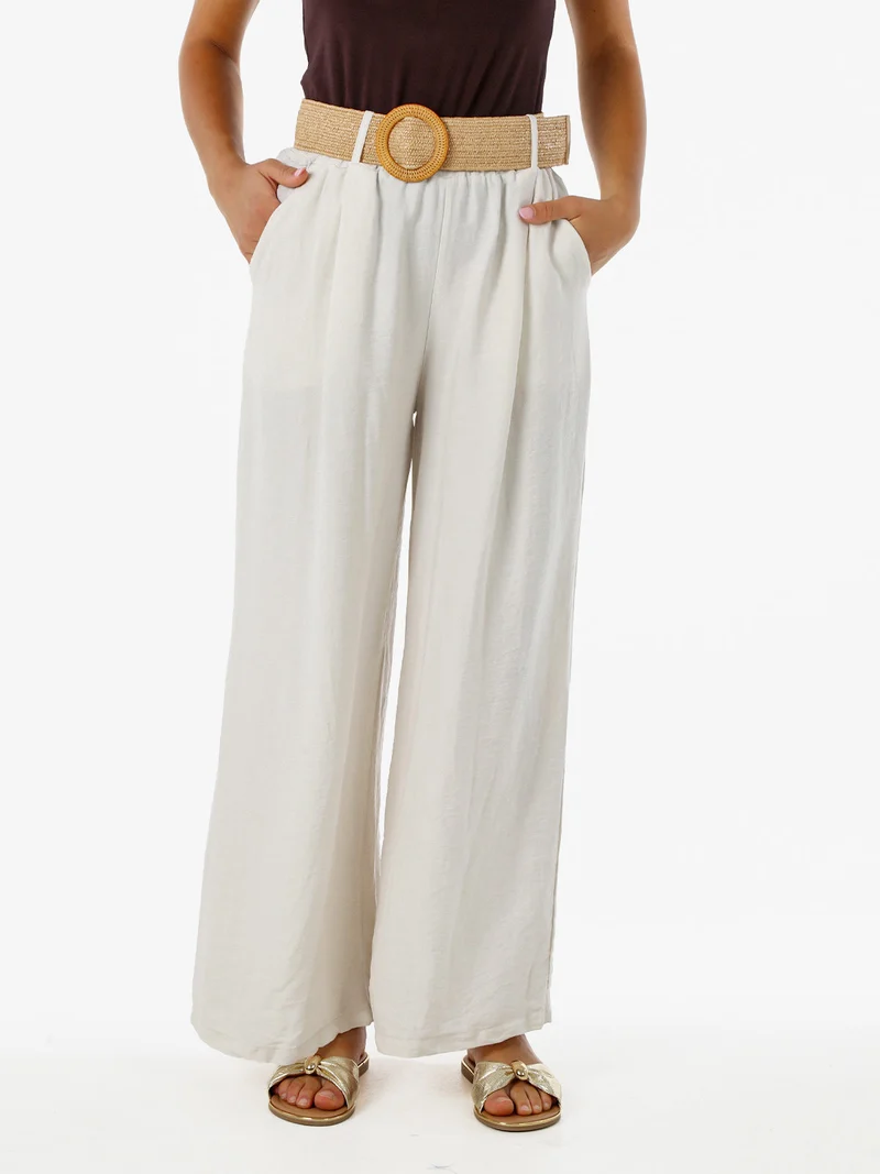 Pantaloni donna a gamba larga in viscosa con cintura in rafia - beige