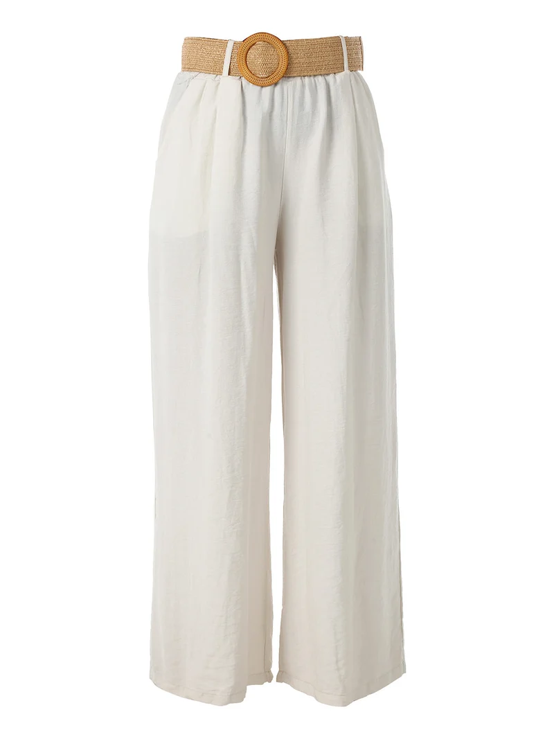 Pantaloni donna a gamba larga in viscosa con cintura in rafia - beige