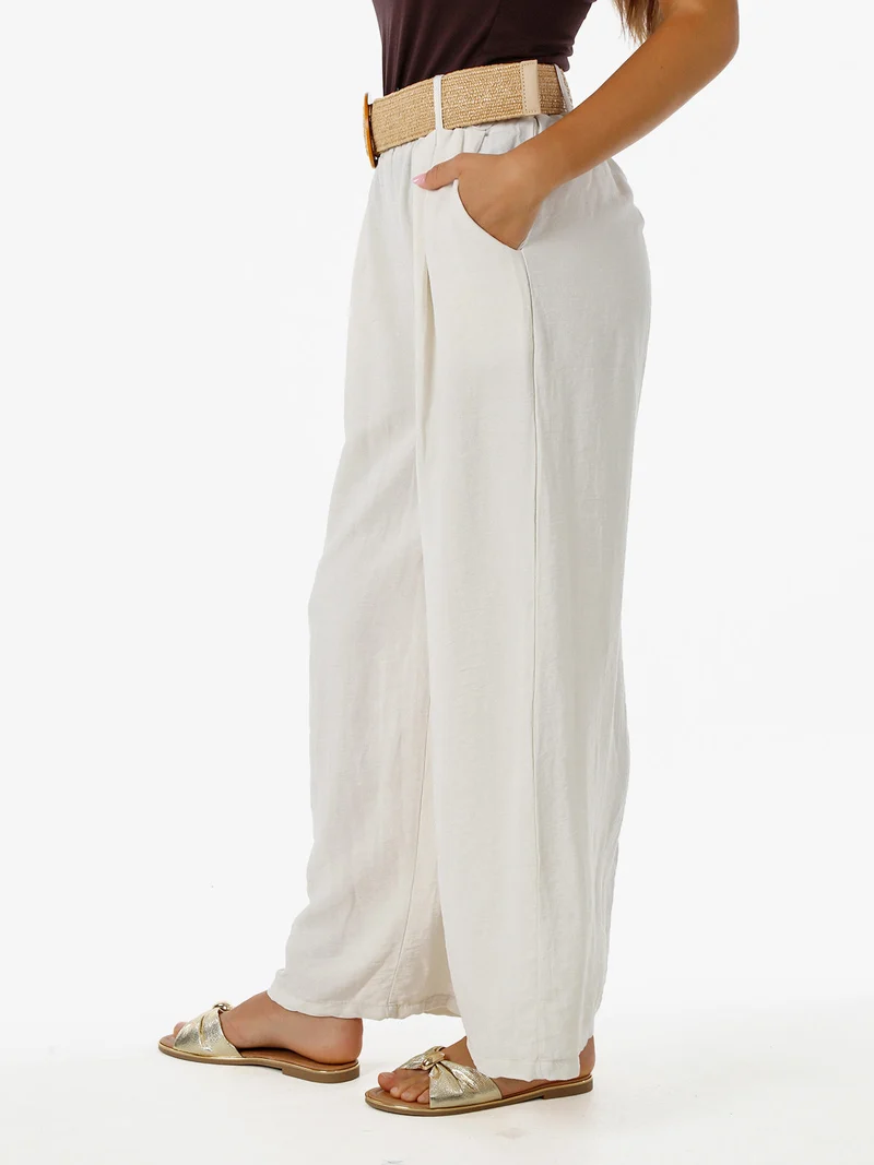 Pantaloni donna a gamba larga in viscosa con cintura in rafia - beige