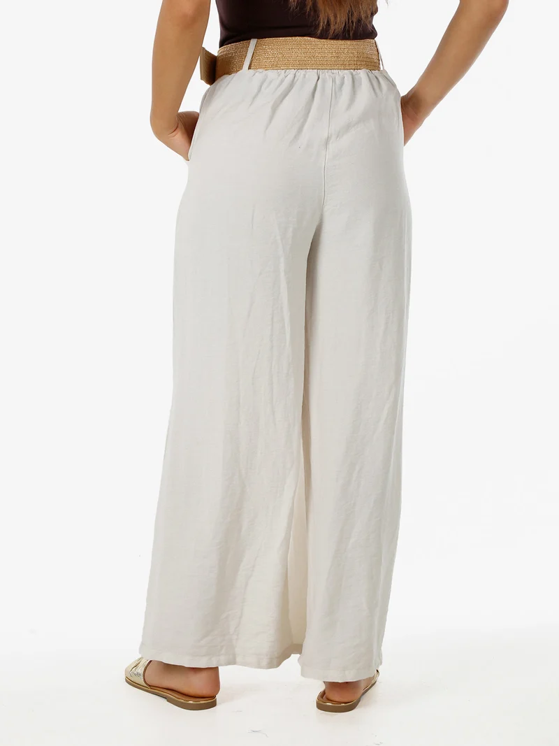 Pantaloni donna a gamba larga in viscosa con cintura in rafia - beige