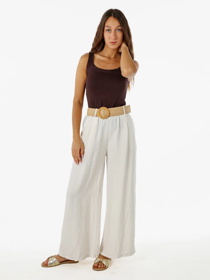 Pantaloni donna a gamba larga in viscosa con cintura in rafia - beige