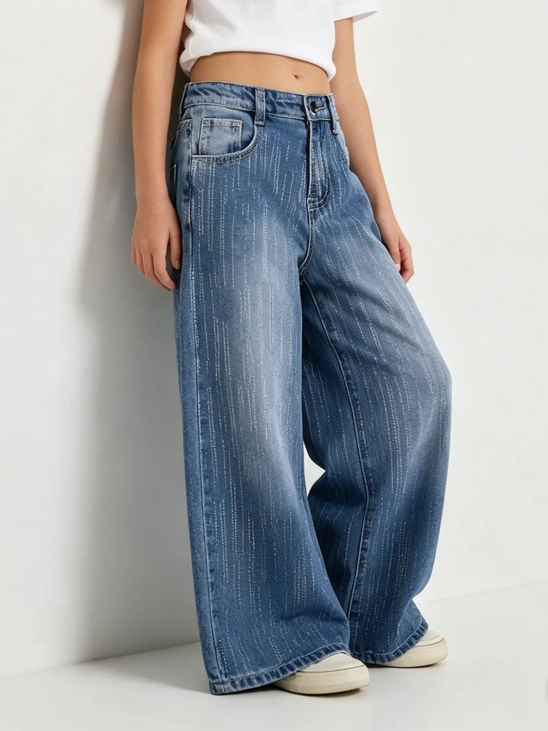 Jeans da bambina a gamba larga con strass - blu