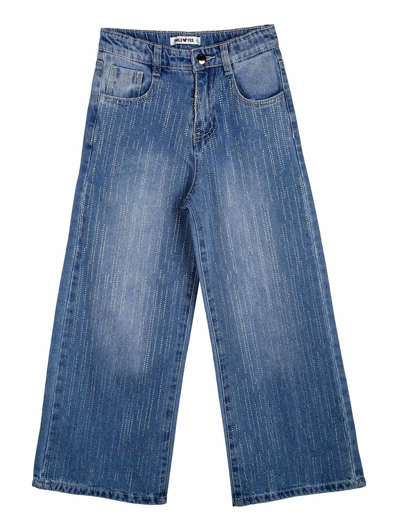 Jeans da bambina a gamba larga con strass - blu