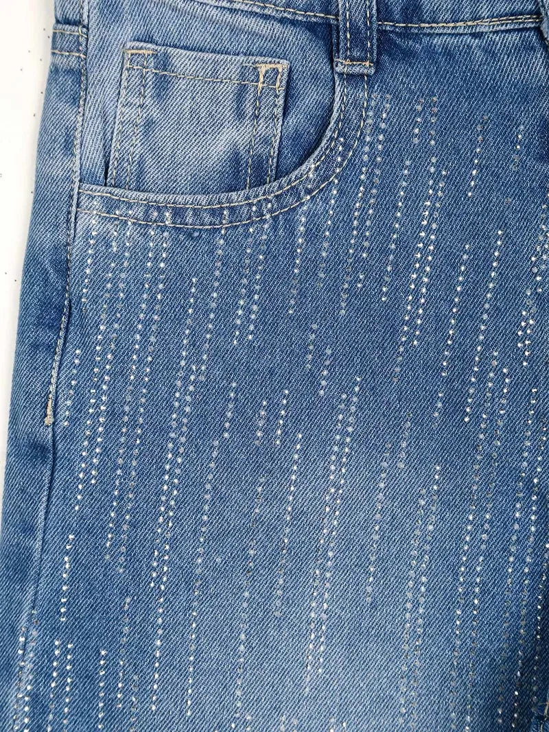 Jeans da bambina a gamba larga con strass - blu