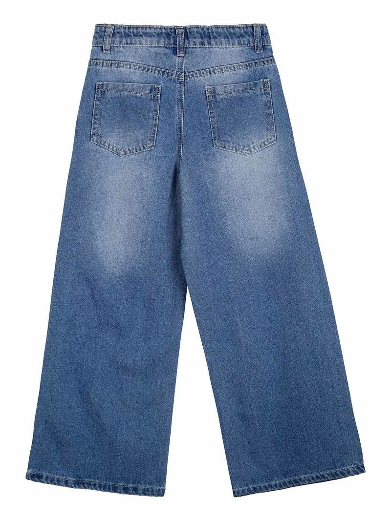 Jeans da bambina a gamba larga con strass - blu