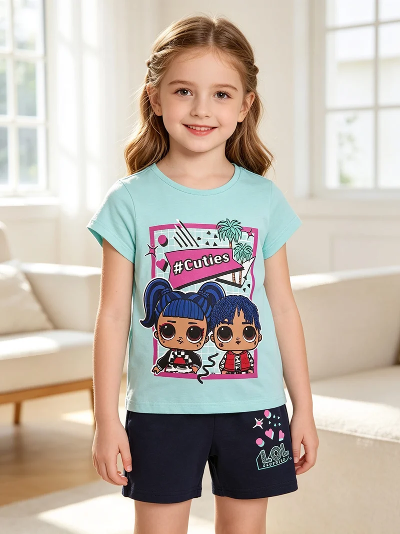 Completo corto bambina con stampa - acqua marina