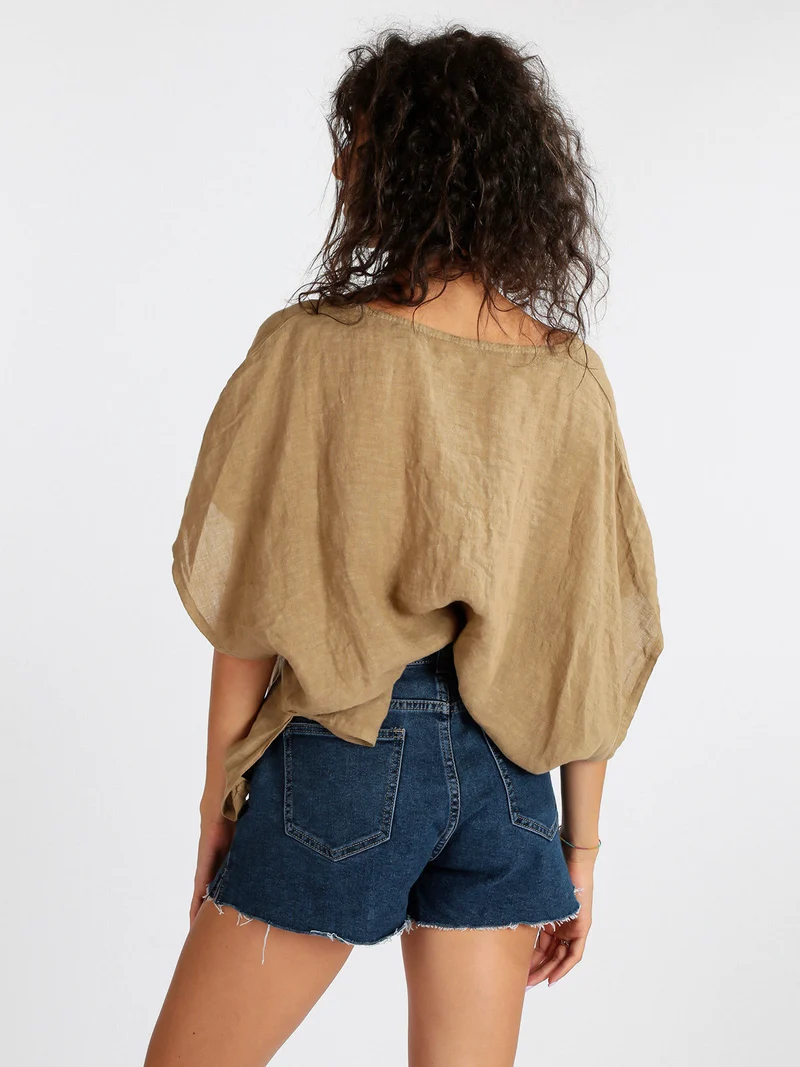 Blusa donna in lino con maniche a pipistrello - cammello