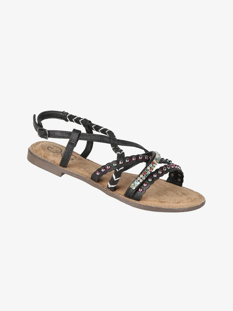 Sandali donna con fasce incrociate decorate - nero