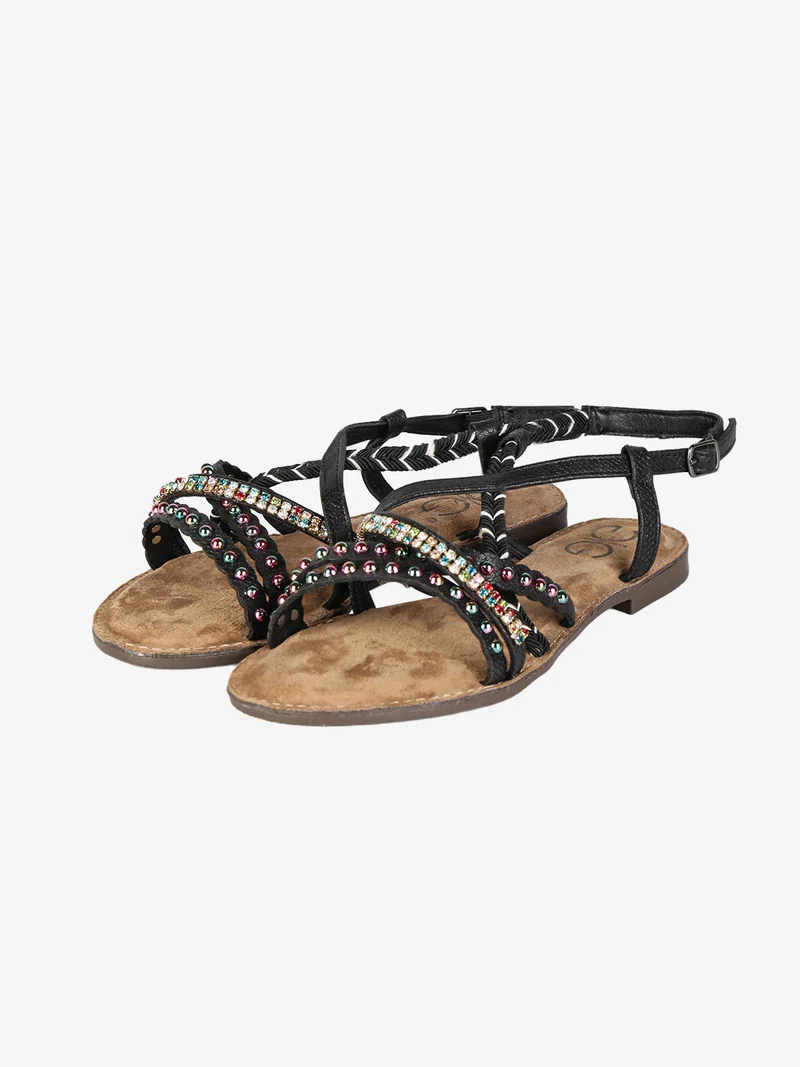 Sandali donna con fasce incrociate decorate - nero