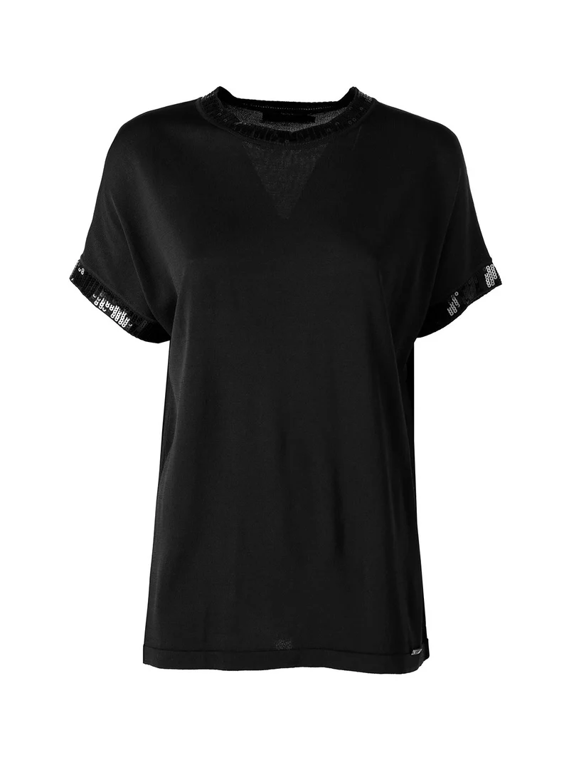 Maglia girocollo da donna a maniche corte con paillettes decorative - nero