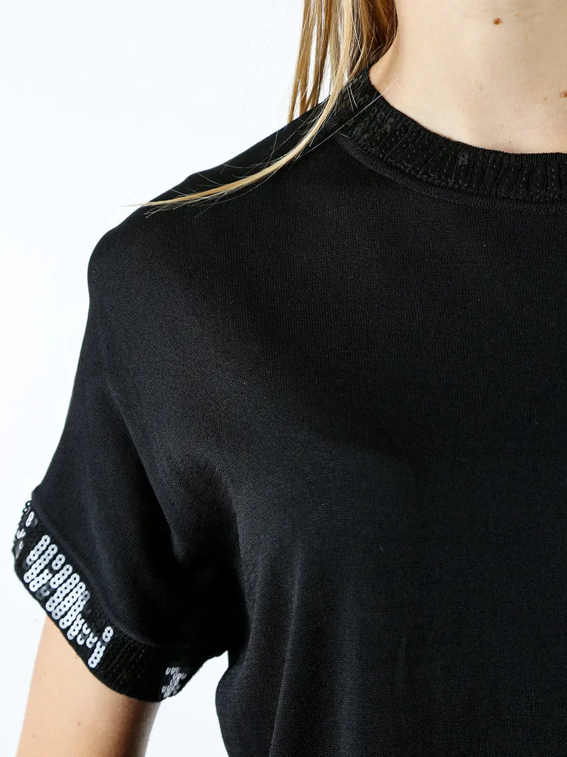 Maglia girocollo da donna a maniche corte con paillettes decorative - nero